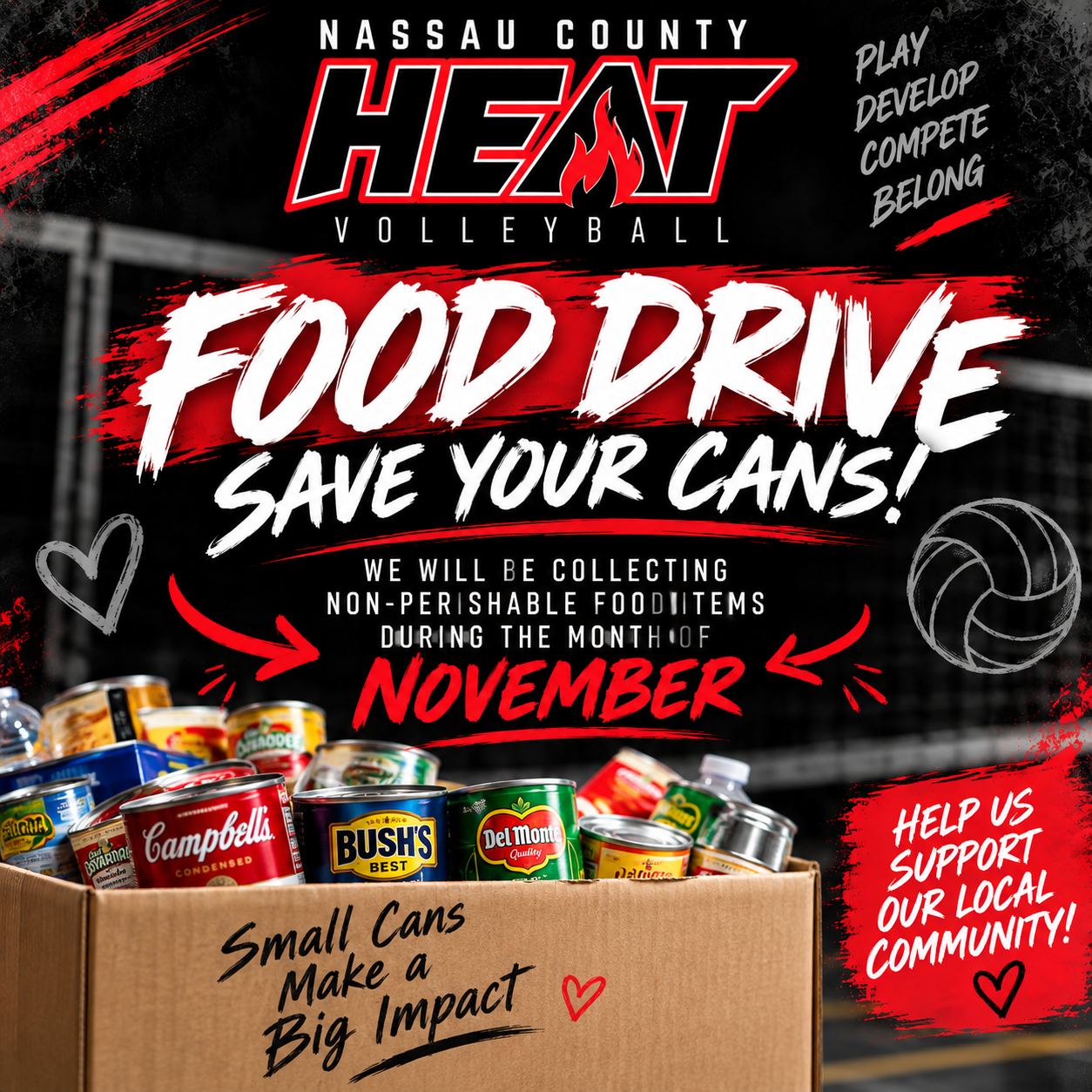 Nassau County Heat Volleyball food drive — save your cans. We will be collecting non-perishable food items during the month of November. Help us support our local community.